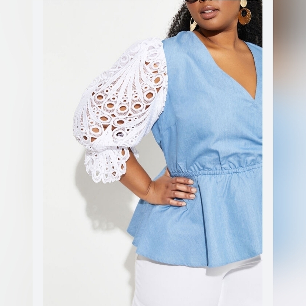 Ashley‎ Stewart Cotton Mesh Crochet Net Puffy Fluence Femmin Blouse Size 10/12